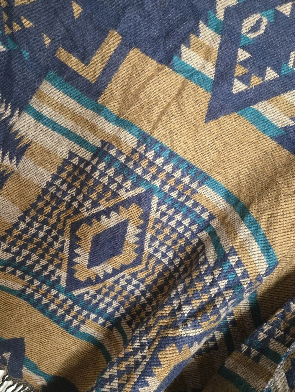 Navy and Tan Geometric Fringe Aztec Throw Shawl
